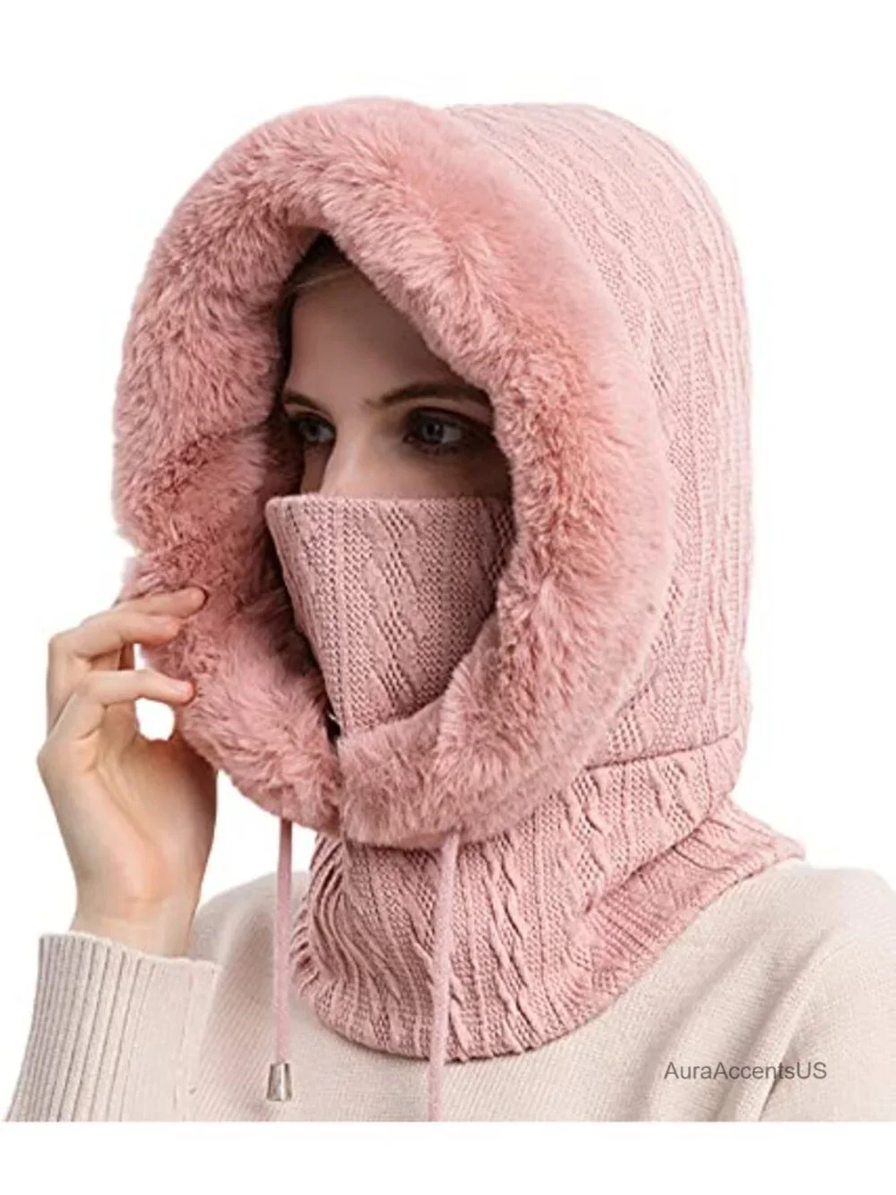 Women's One Piece Fleece Balaclava Beanie Scarf Mask Drawstring Winter Hat